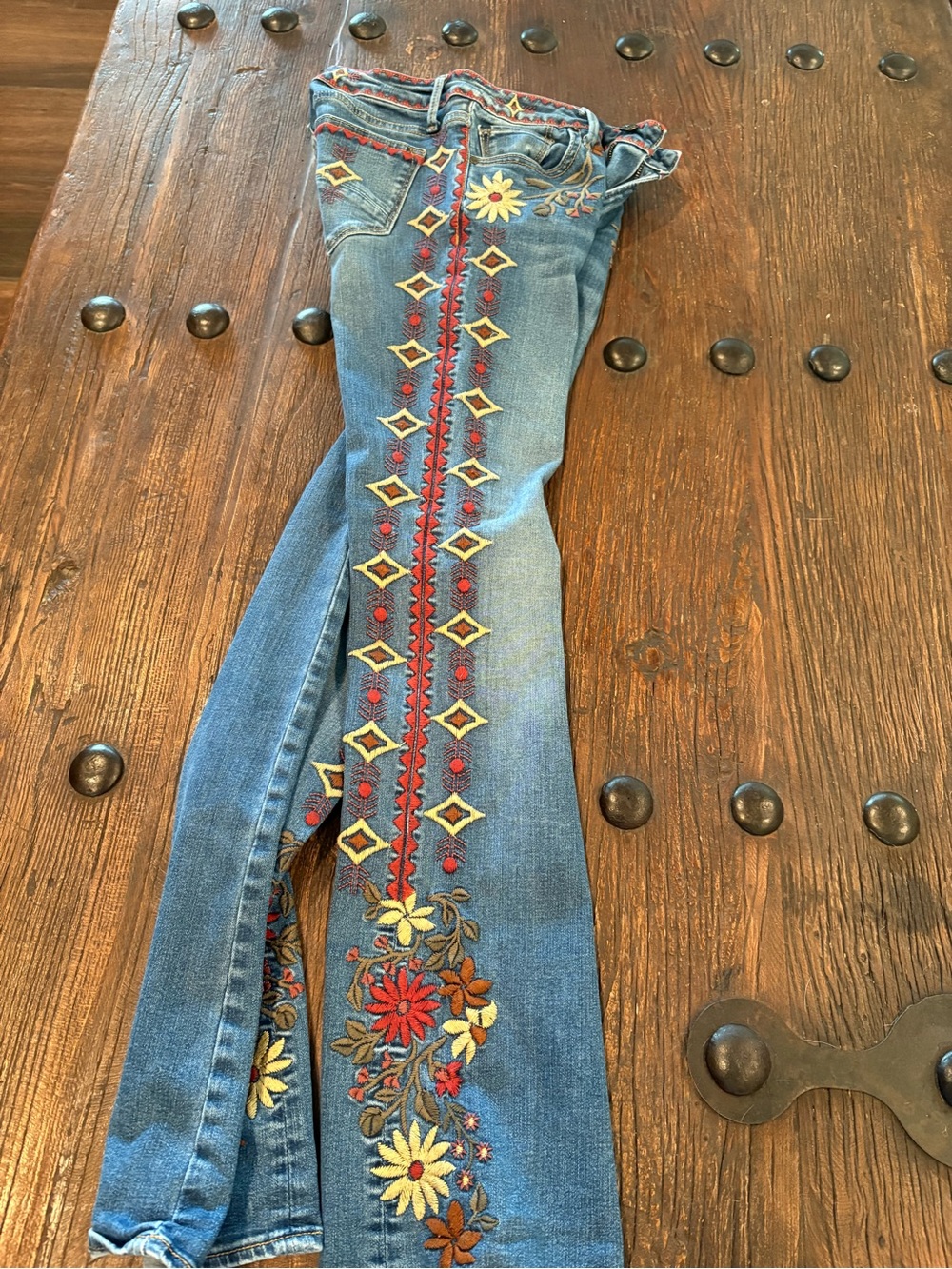 DRIFTWOOD Blue Flare Jeans with Red, Yellow & Cream Embroidery - Picture 6 of 8